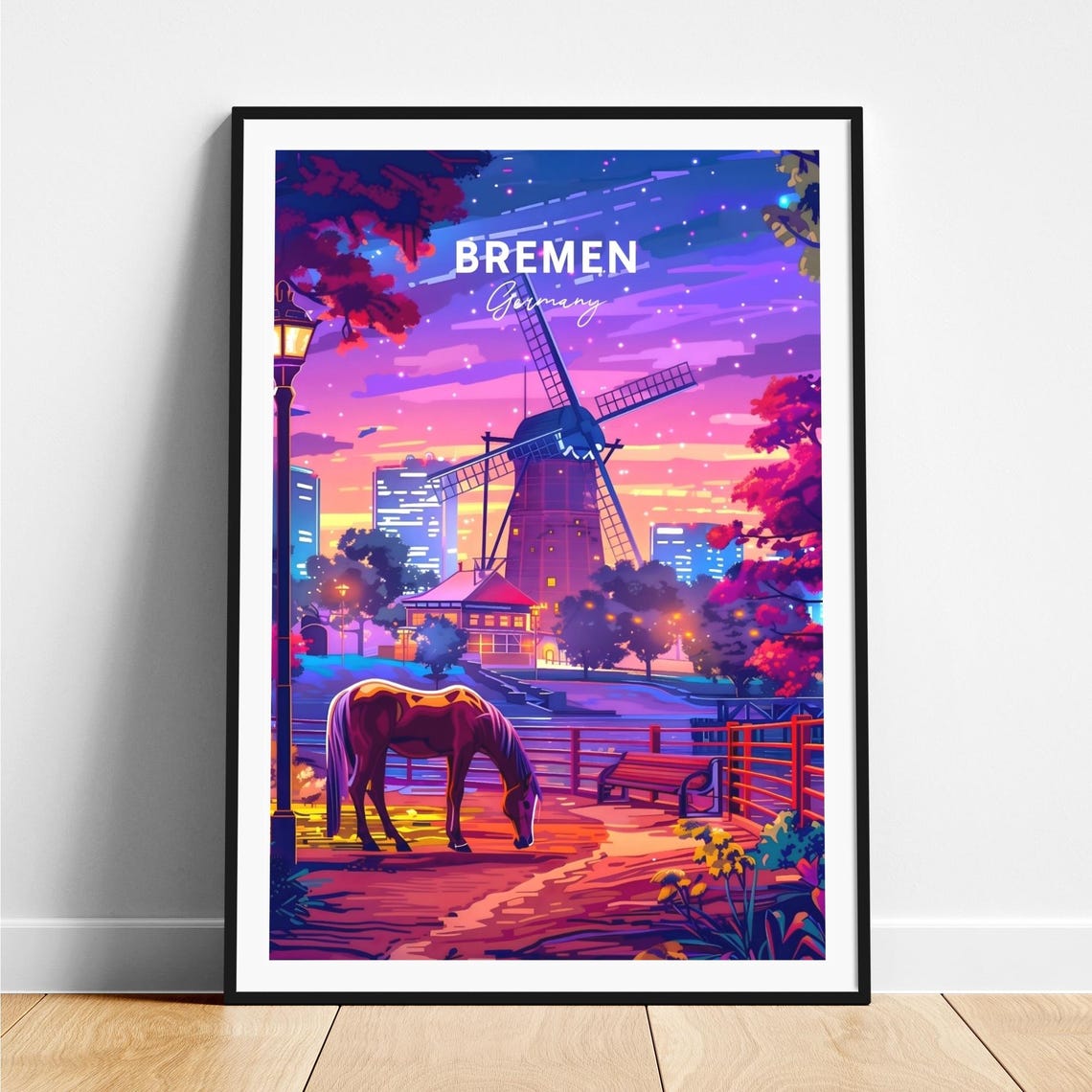 Bremen Germany Windmill Sunset Horse Neon Sky City Travel Poster