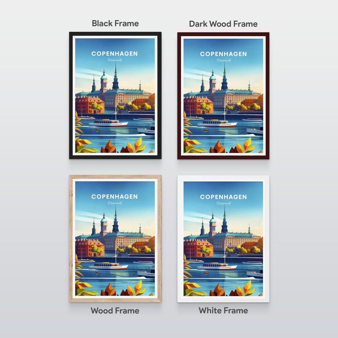 Copenhagen Denmark Harbor Spires Boats Autumn Leaves Travel Poster - Image 2
