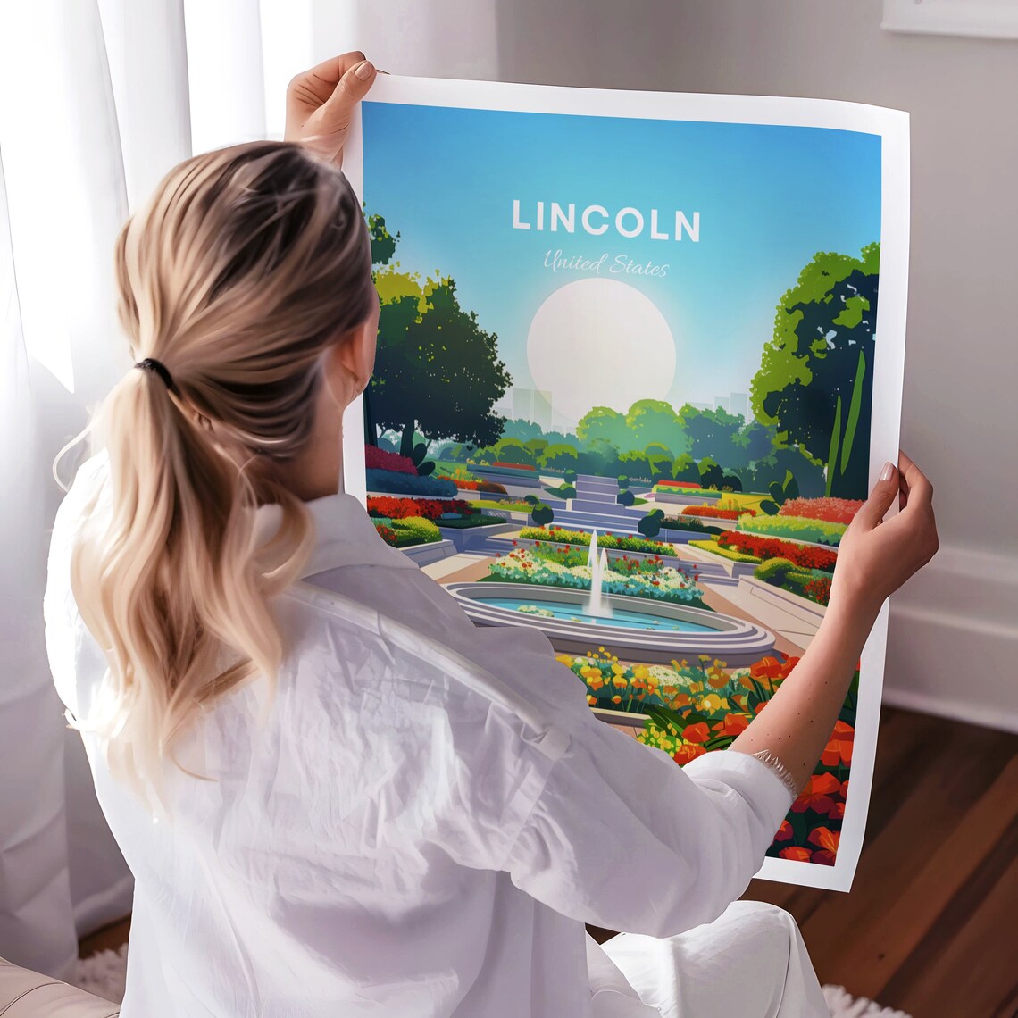Lincoln Nebraska Sunlit Garden Fountain Floral Daytime Travel Poster - Image 3