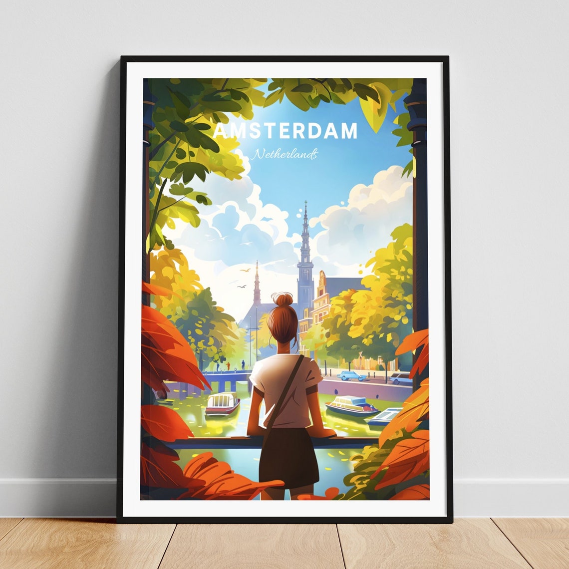 Amsterdam Netherlands Canal Overlook Autumn View Scene Art Poster