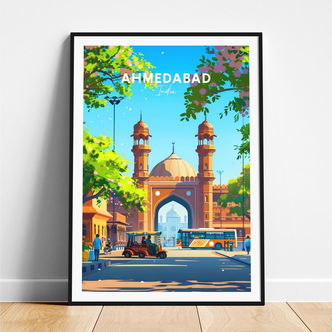 Ahmedabad India Mosque Arch Street with Rickshaw and Bus Poster