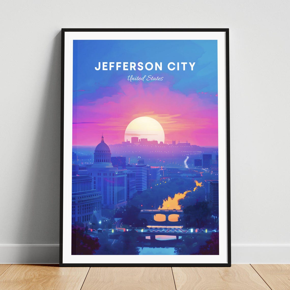 Jefferson City Missouri Dusk Capitol Dome Sunset Sky Scene Poster