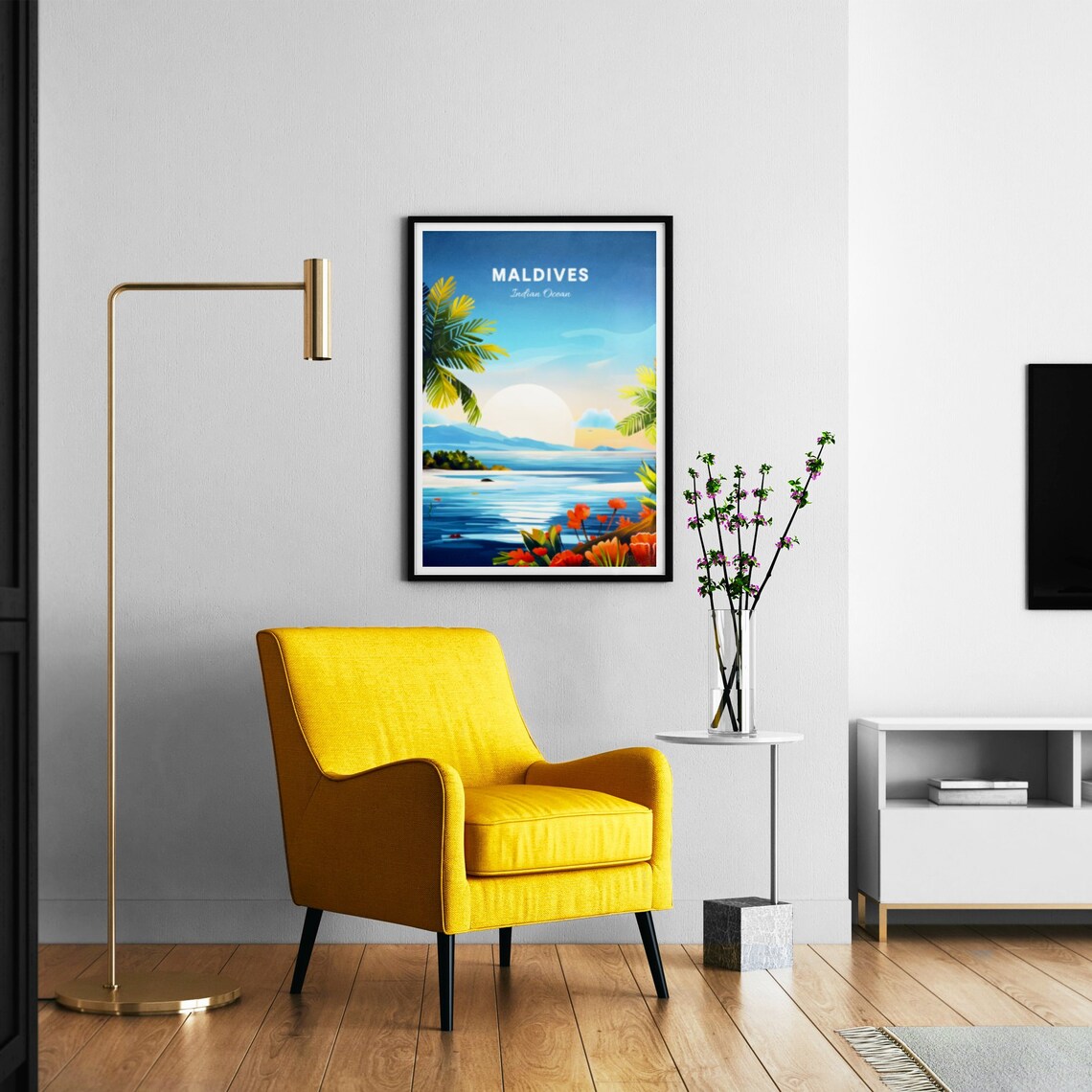 Maldives Indian Ocean Lagoon Flowers Palms Sunrise Travel Poster - Image 3