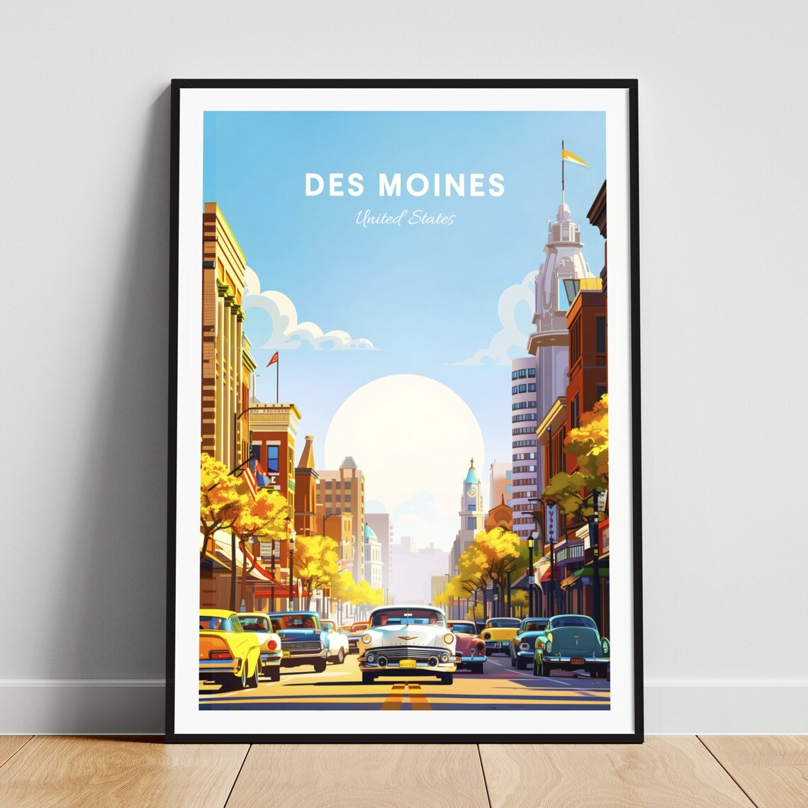 Des Moines Downtown Street Classic Cars Vintage Travel Poster