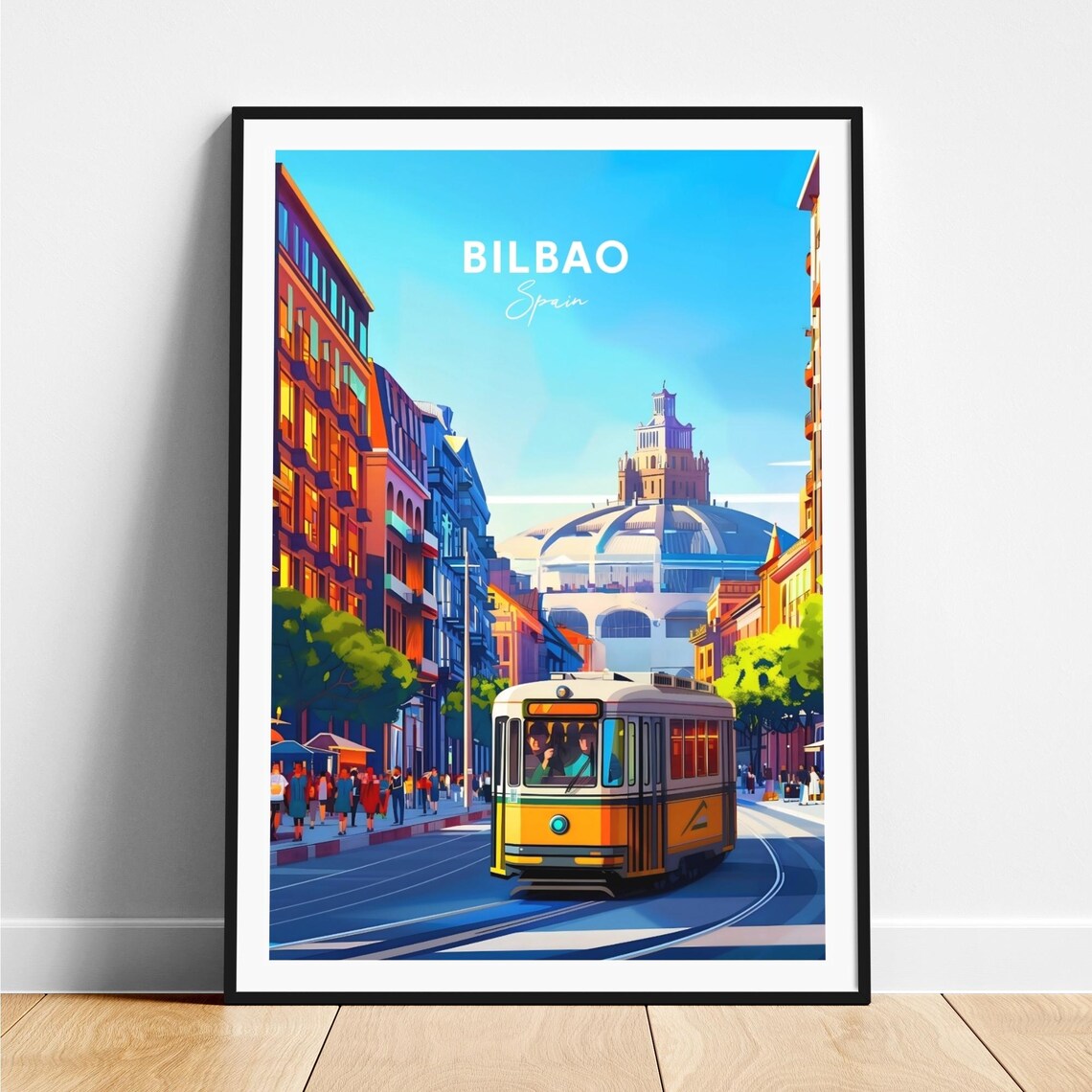 Bilbao Spain Sunny Vintage Tram Street City Square Dome Poster