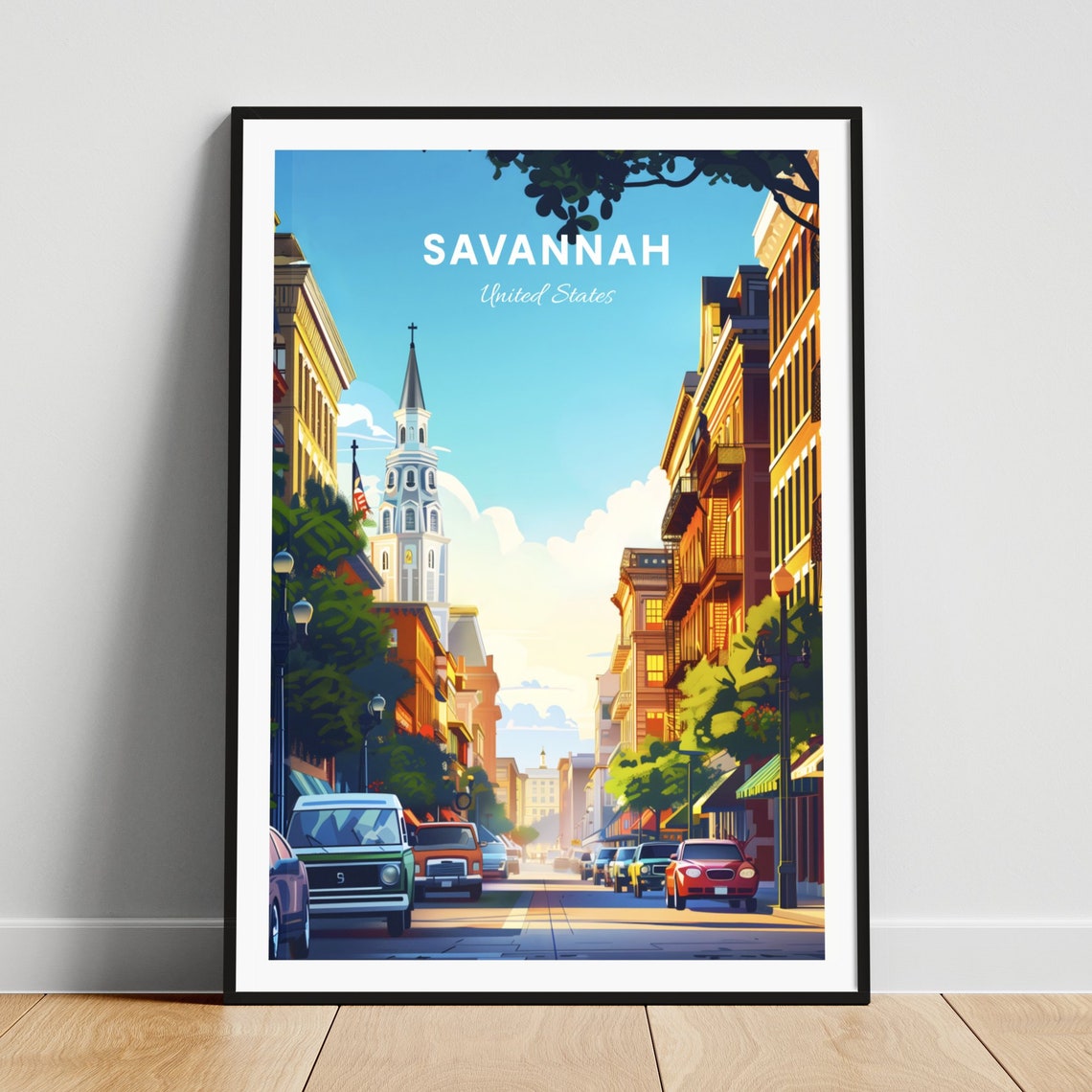 Savannah Historic Street White Steeple Church Sunny Travel Poster