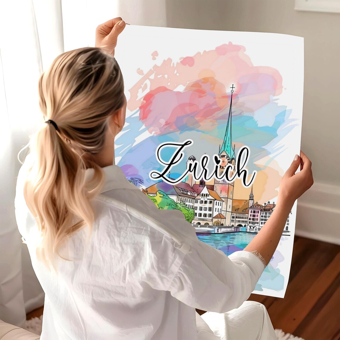 Zurich Switzerland Watercolor Riverside Church Spire Travel Poster - Image 2