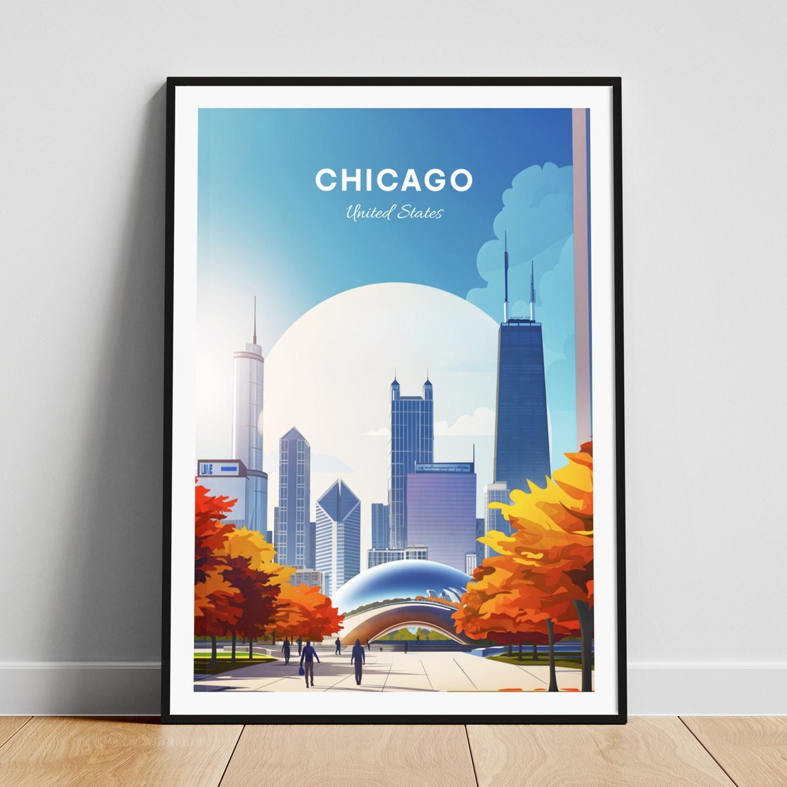 Chicago Cloud Gate Millennium Park Autumn Leaves Skyline Travel Poster