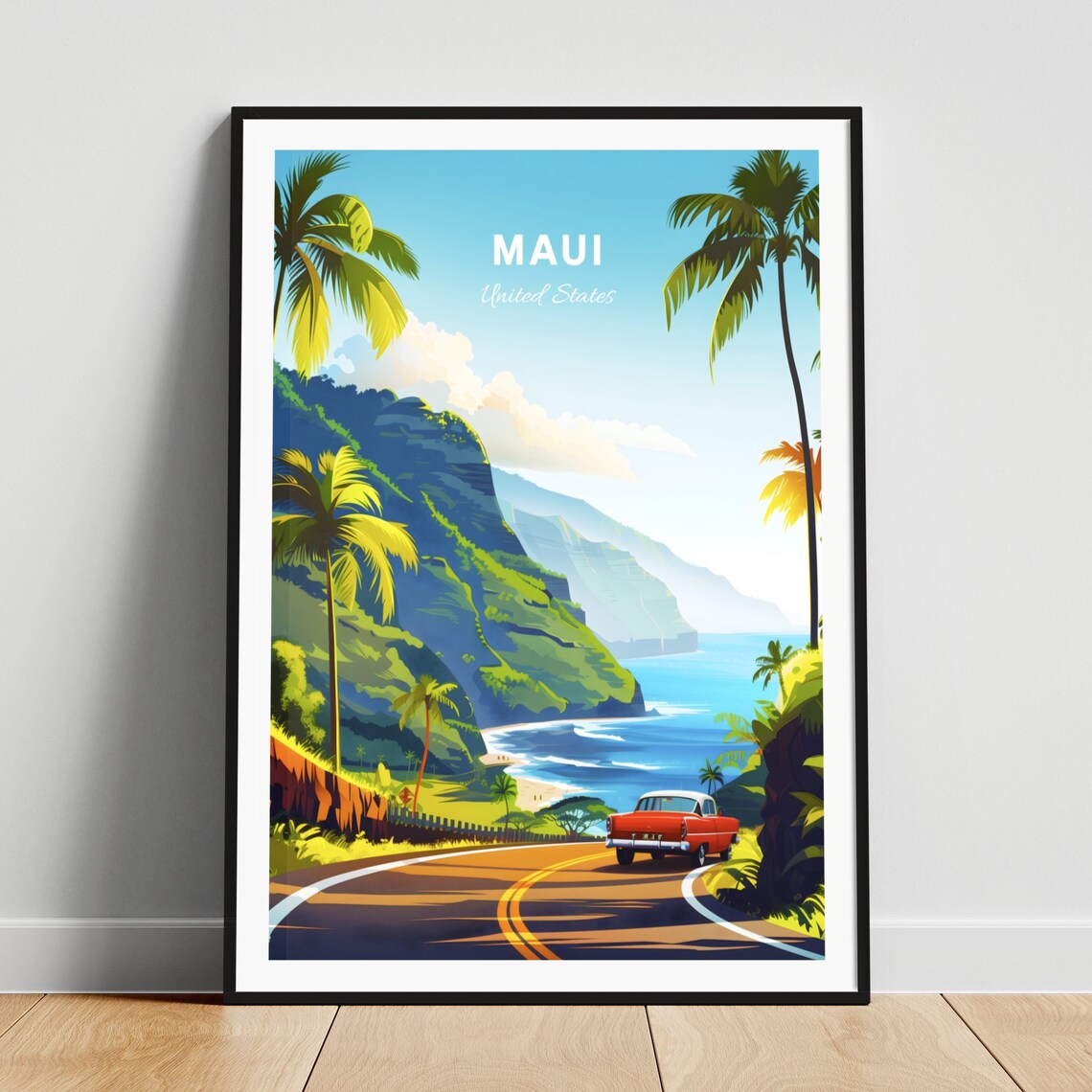 Maui Hawaii Scenic Coastal Road with Vintage Car Travel Poster