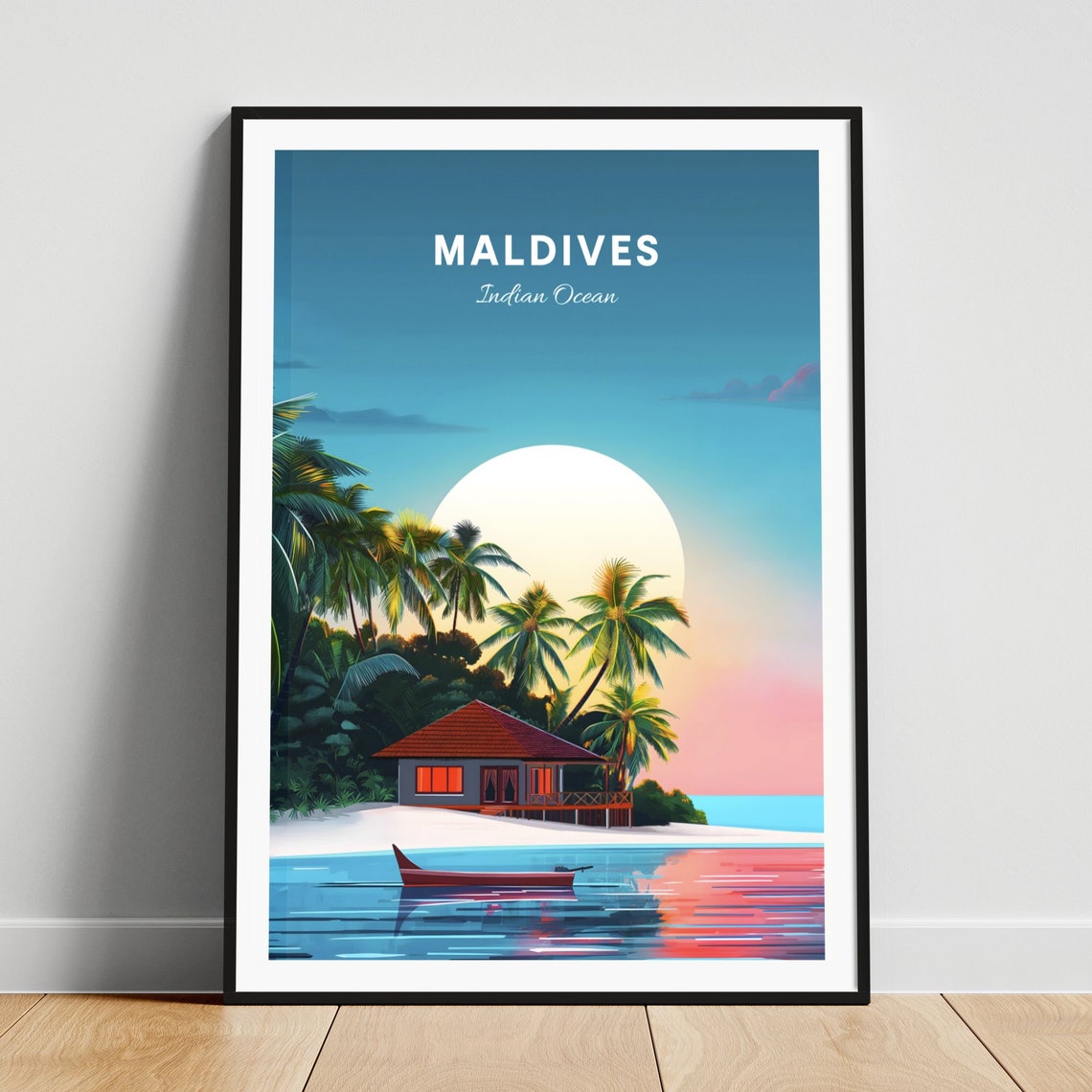 Maldives Beach Hut Golden Sunset Sailboat Vintage Travel Wall Poster
