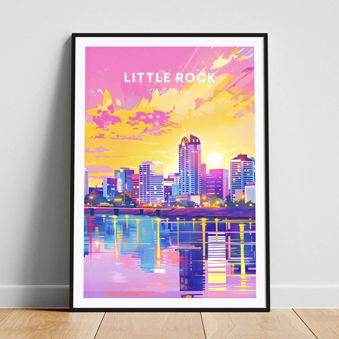 Little Rock Sunset River Reflections in Pink and Gold Poster
