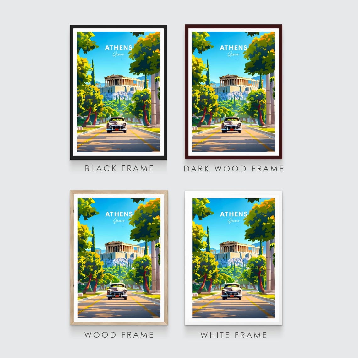 Athens Greece Parthenon Vintage Car Tree Lined Avenue Travel Poster - Image 3