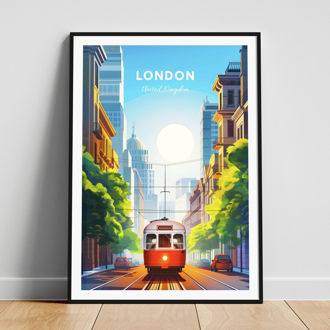 London Red Tram Golden Dome City Street Vintage Travel Poster