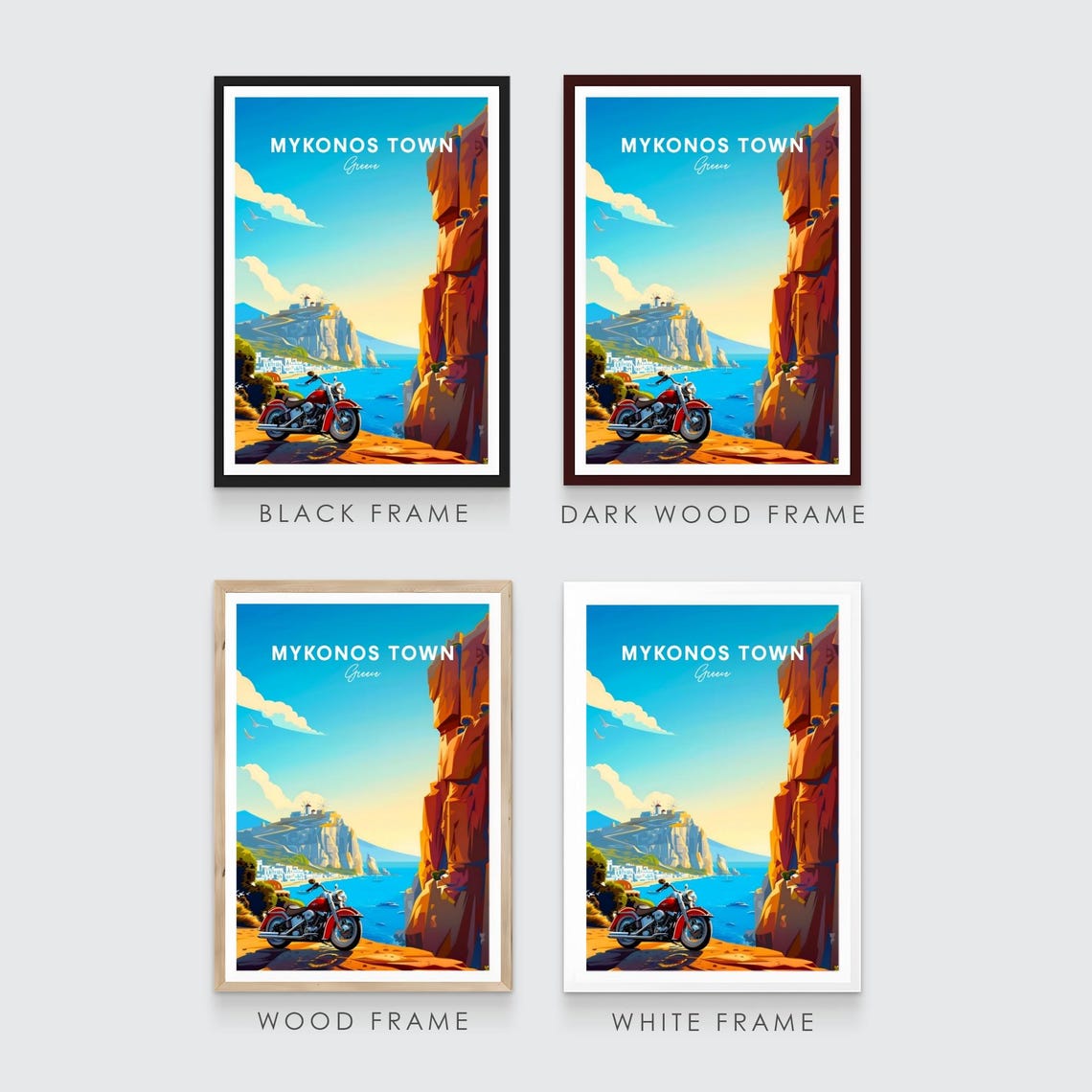 Mykonos Town Greece Red Motorcycle Cliff Road Windmills Travel Poster - Image 3