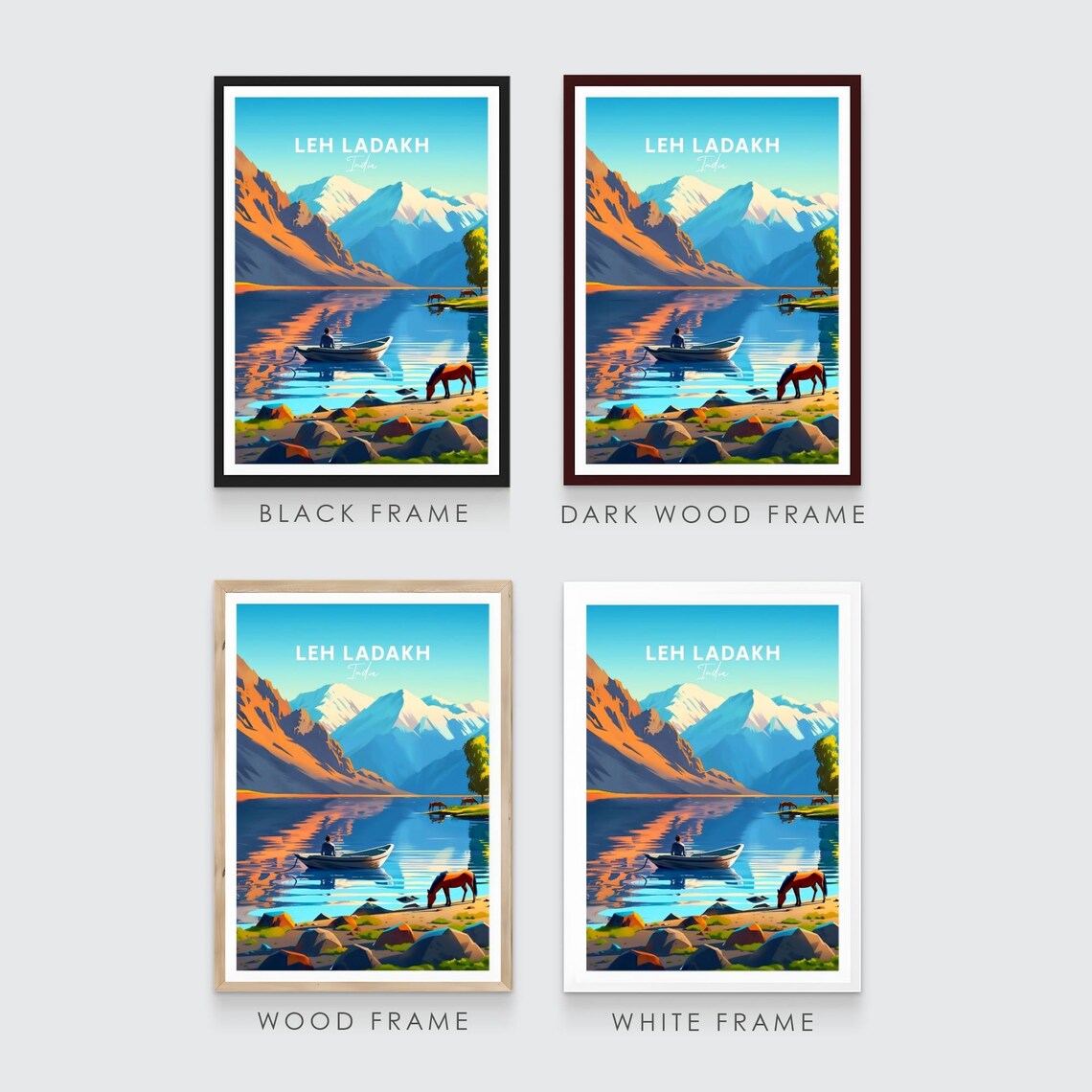 Leh Ladakh India Mountain Lake Boat Horses Travel Poster Art - Image 3