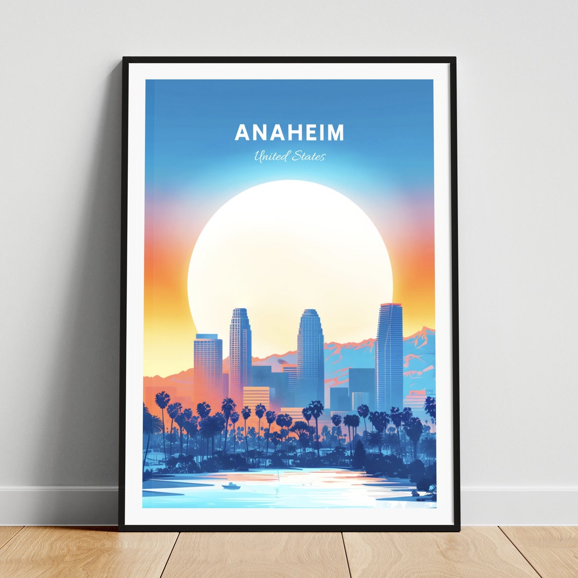 Anaheim California Sunset Skyline Palm Trees Lakeside Travel Poster