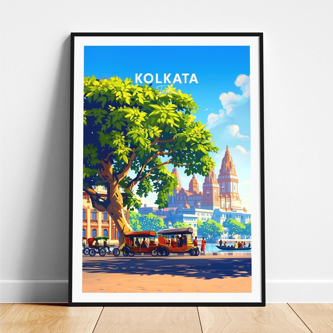 Kolkata India Rickshaw Street Banyan Tree Temple Towers Travel Poster
