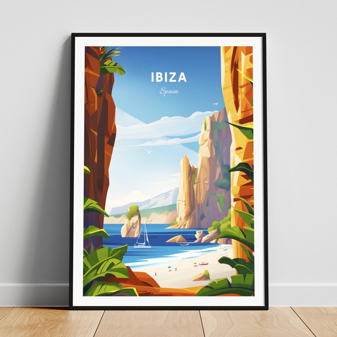 Ibiza Spain Secret Hidden Cove Sailboat Rocky Cliffs Beach Poster