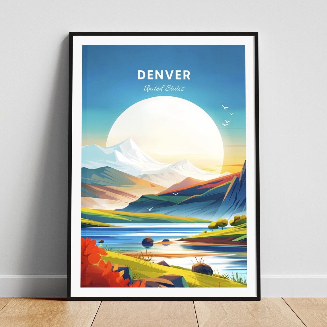 Denver Colorado Snow Capped Peaks Meadow Lake Sunset Travel Poster