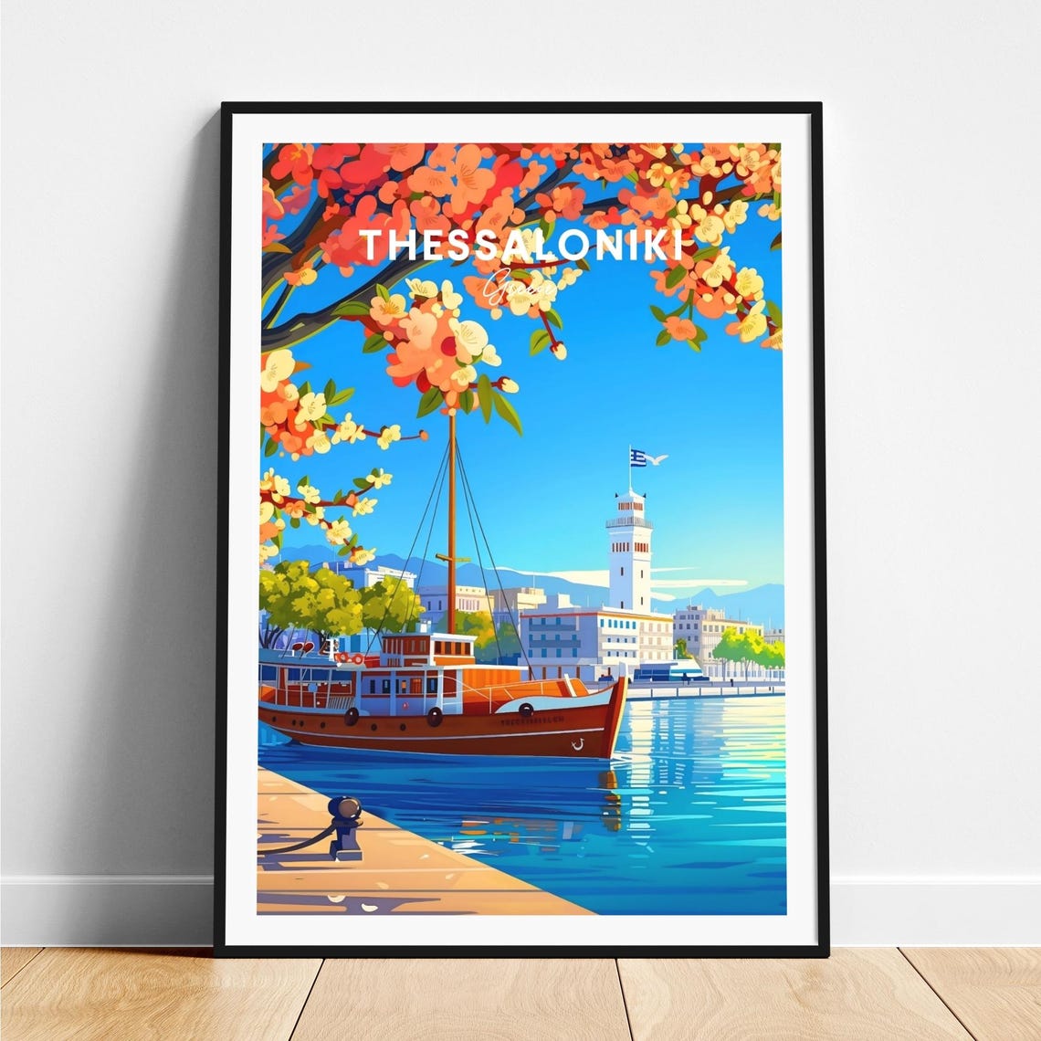 Thessaloniki Greece Harbor Boat White Tower Spring View Art Poster