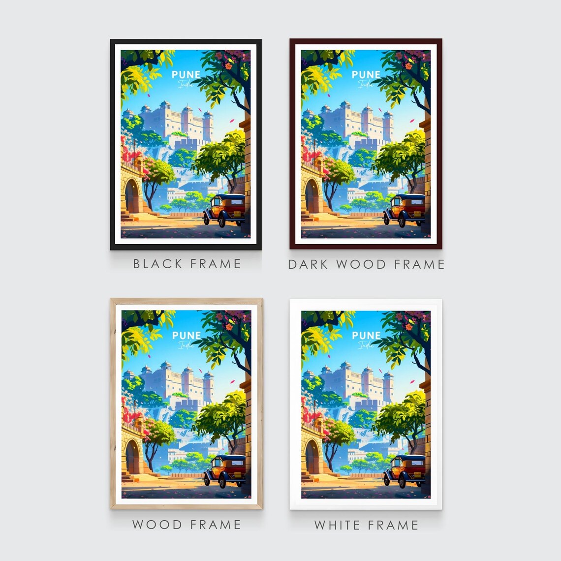 Pune India Hill Fort Vintage Car Historic Scene Travel Poster - Image 3