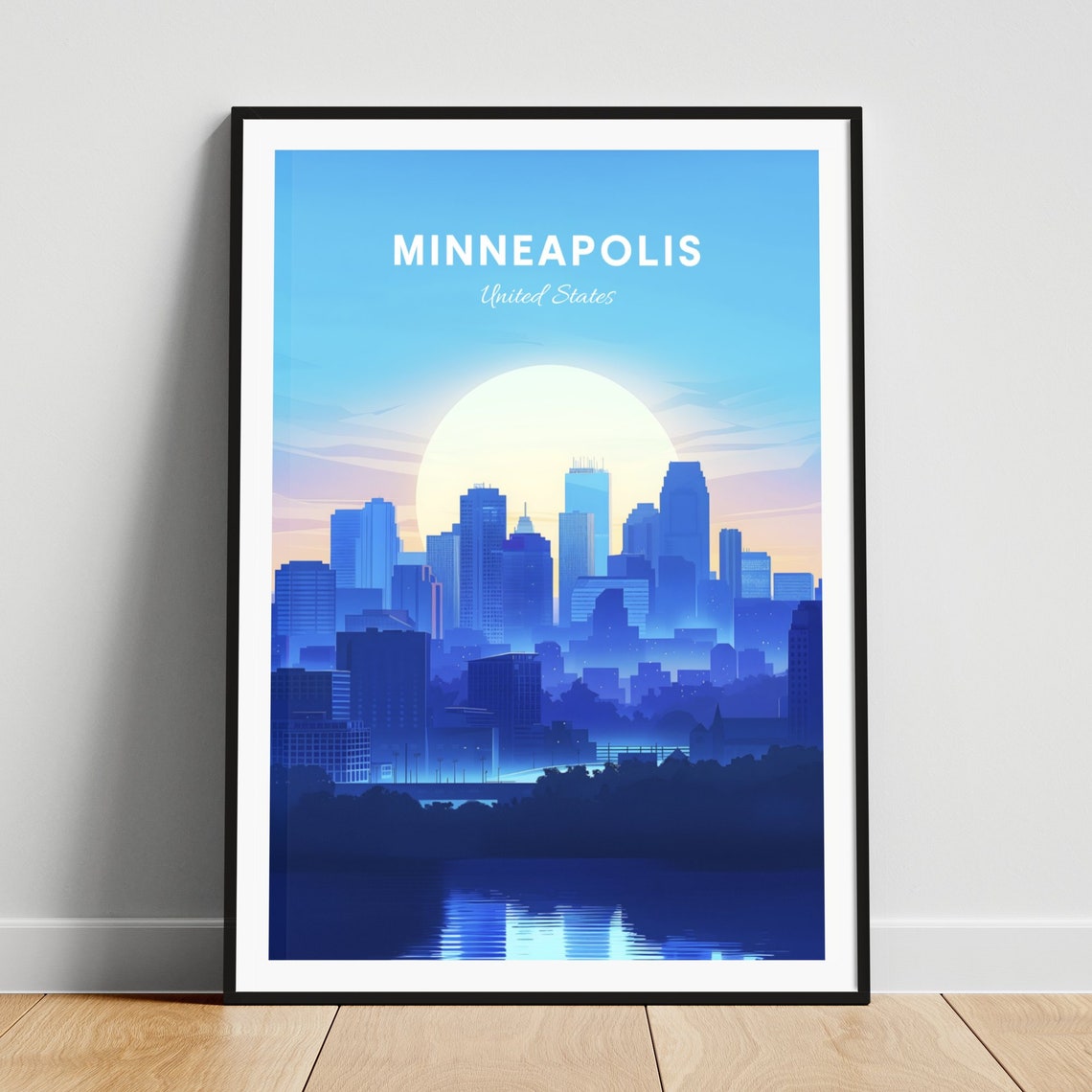Minneapolis Minnesota Moonrise Skyline Water Reflection Travel Poster