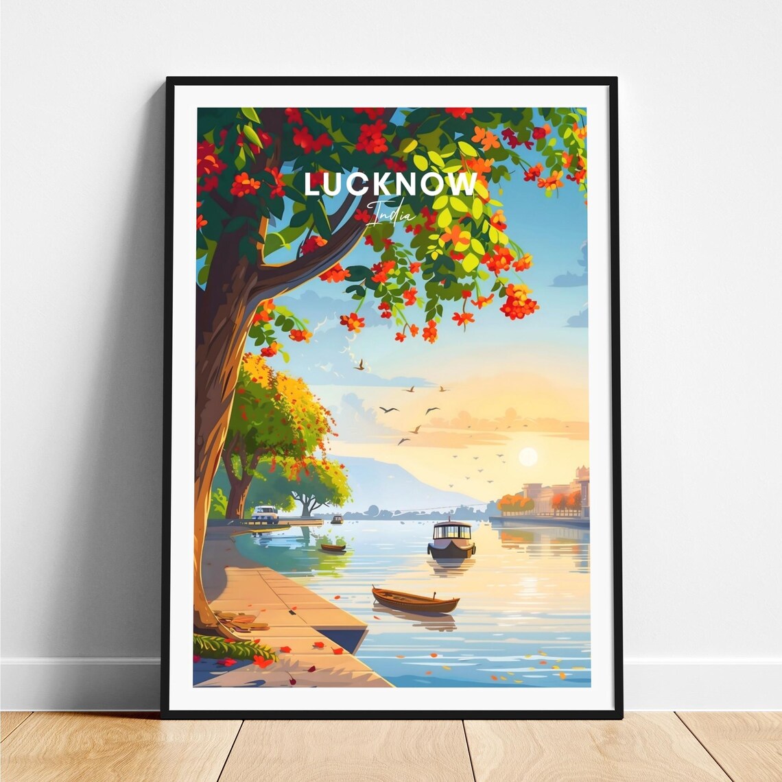 Lucknow Riverside Sunset Blossoms Boats Calm India Travel Poster