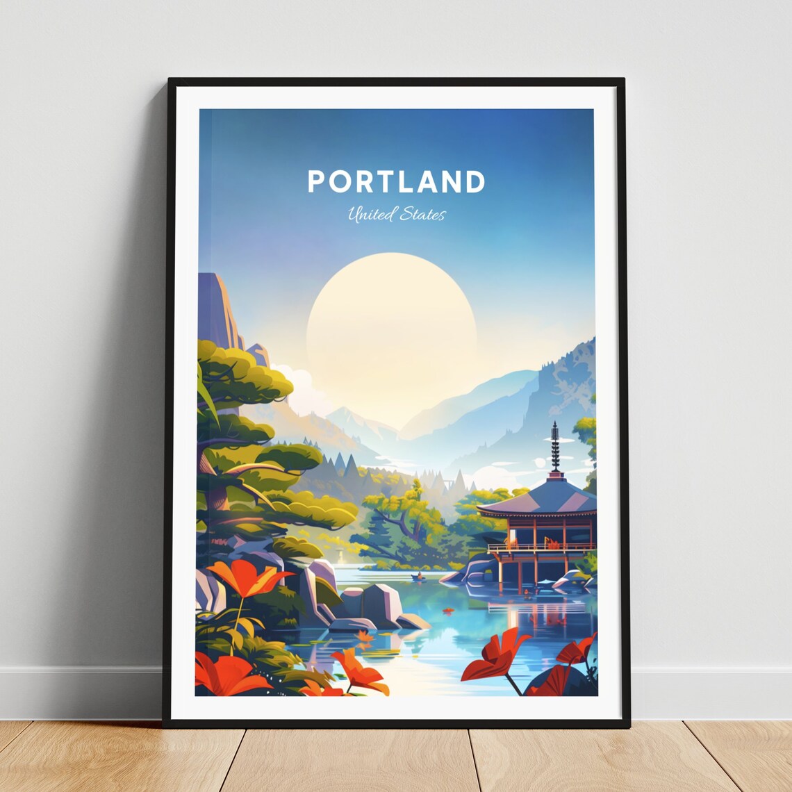 Portland Japanese Pagoda by the Lake at Sunrise Travel Poster