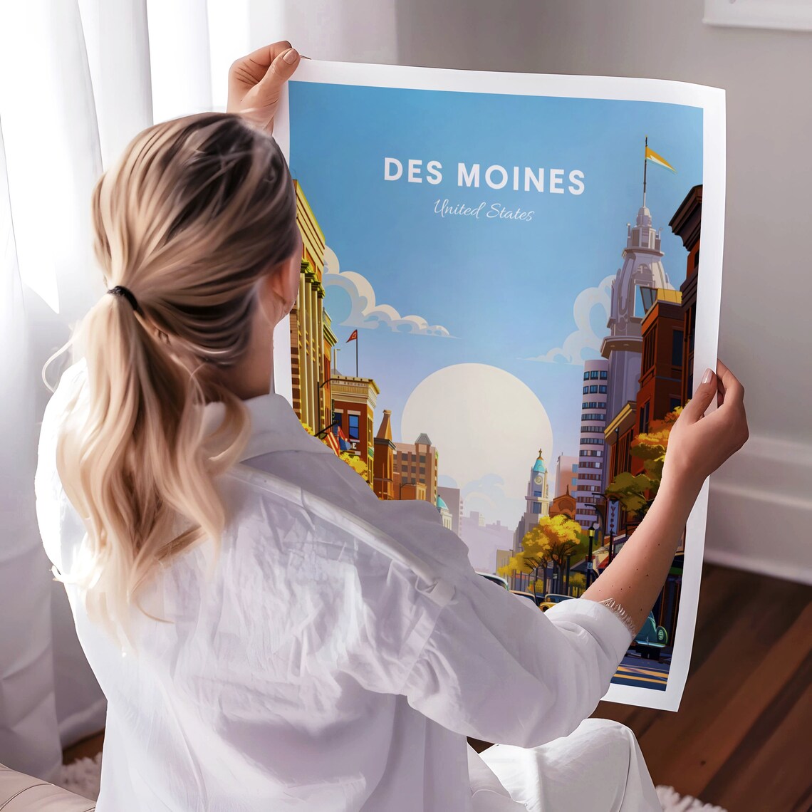 Des Moines Downtown Street Classic Cars Vintage Travel Poster - Image 3
