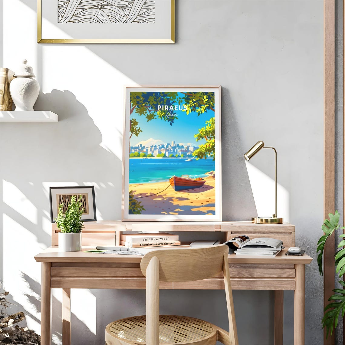 Piraeus Greece Beached Red Boat Skyline Coastal View Travel Poster - Image 4