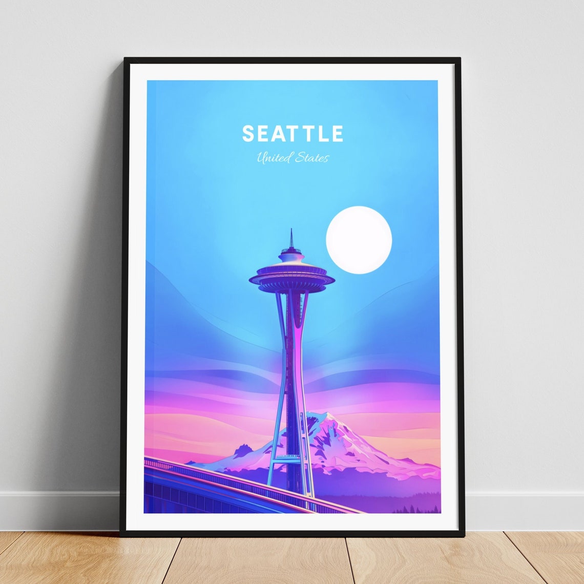 Seattle Washington Space Needle Mount Rainier Sunrise Travel Poster