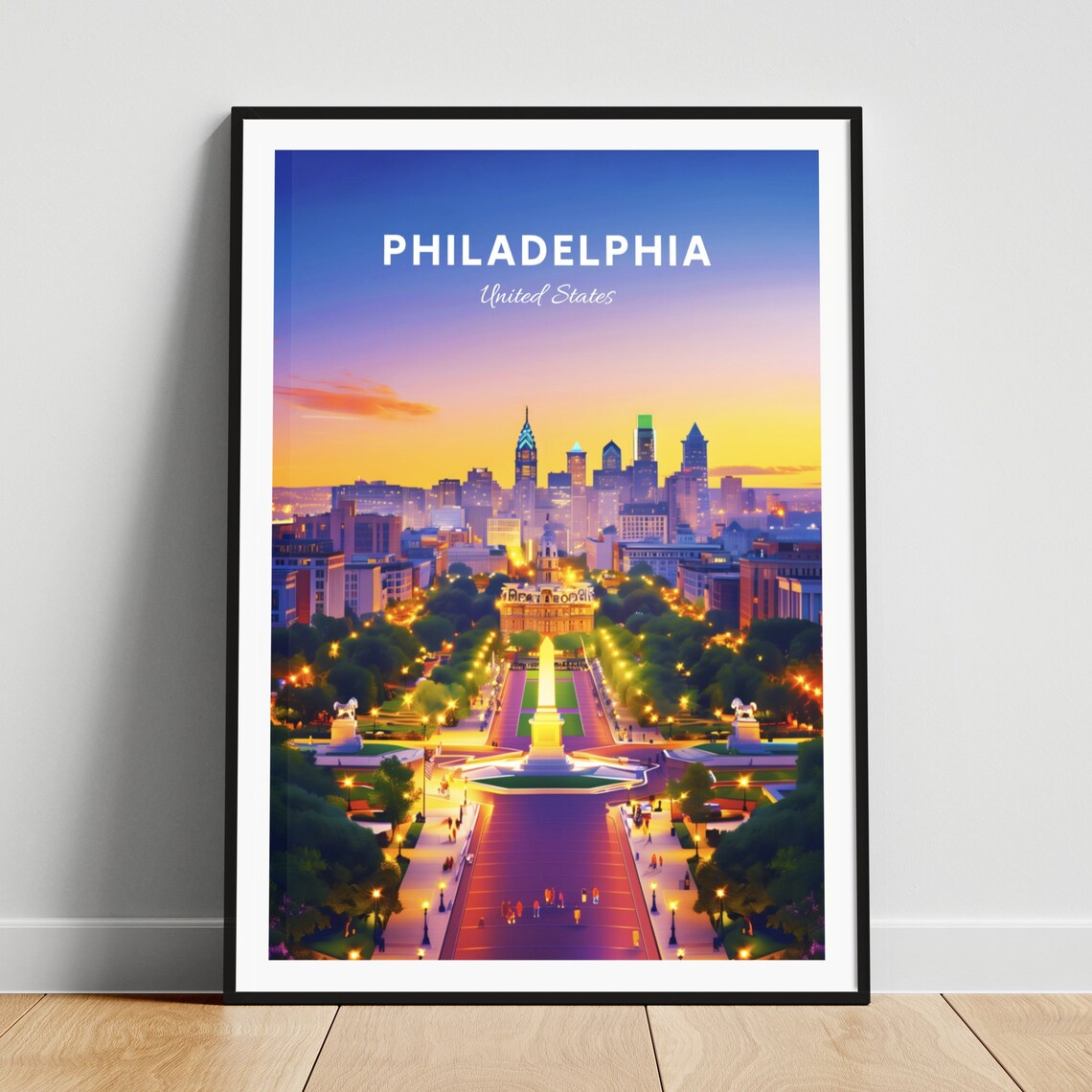 Philadelphia United States Sunset Skyline Parkway Lights Poster