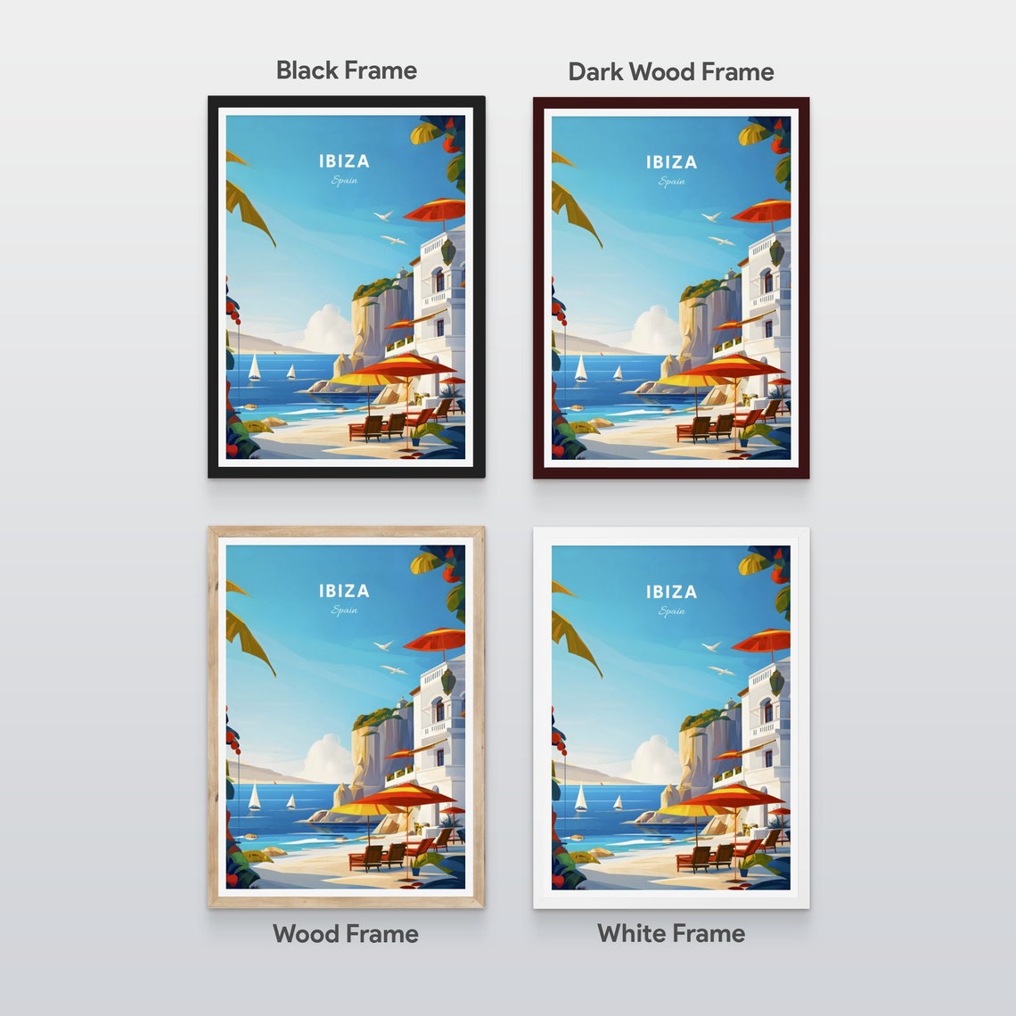 Ibiza Spain Beachfront Umbrellas Sailboats Cliff Resort Poster - Image 2