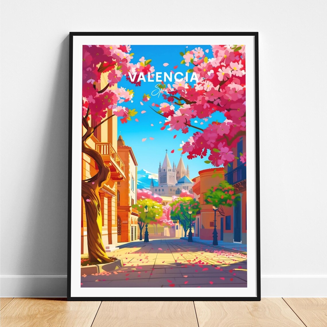 Valencia Spring Blossom Street Pink Flowers Cathedral Travel Poster