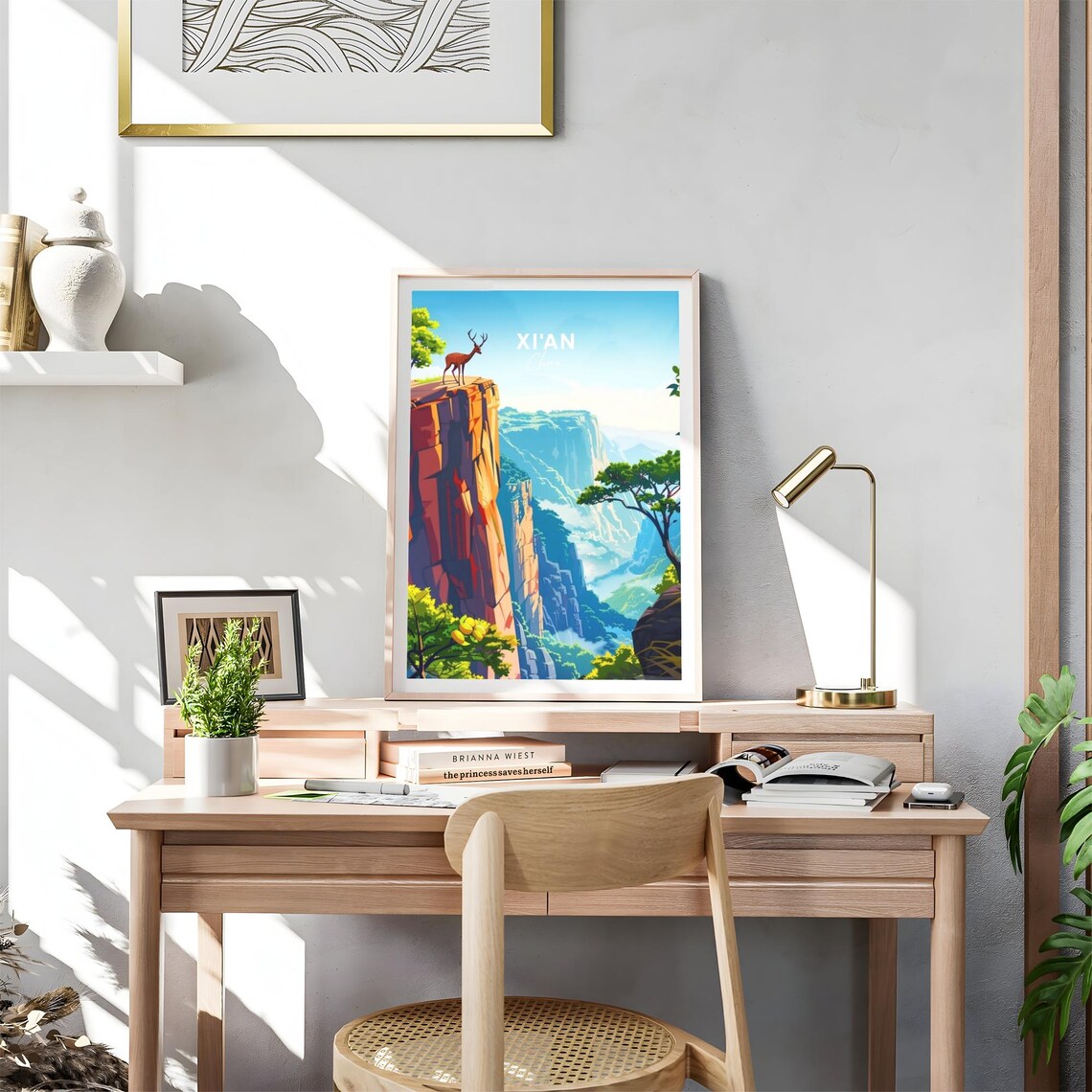 Xian China Cliff Top Deer Misty Mountain Vista Scenic Wildlife Poster - Image 4