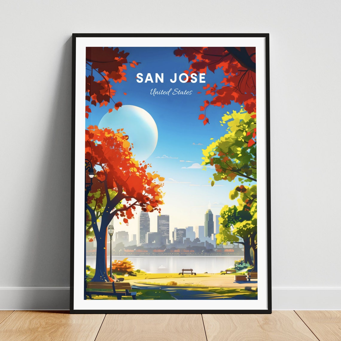 San Jose Autumn Park Skyline Lake Colorful Trees Travel Poster
