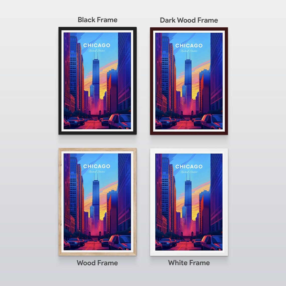 Chicago Illinois Neon Downtown Street Sunset Traffic Travel Art Poster - Image 2