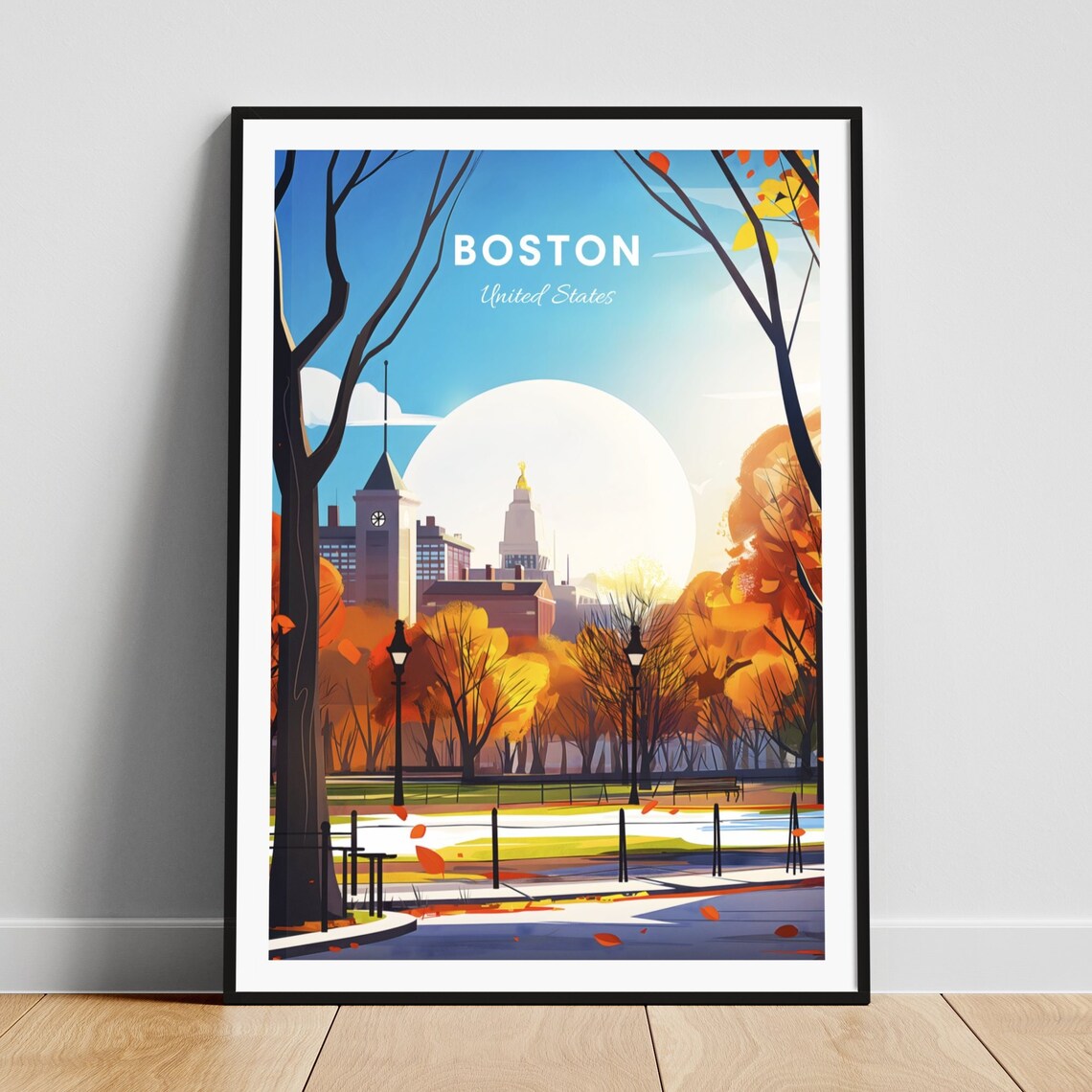 Boston Autumn Park Fall Foliage Skyline Lamps Vintage Travel Poster
