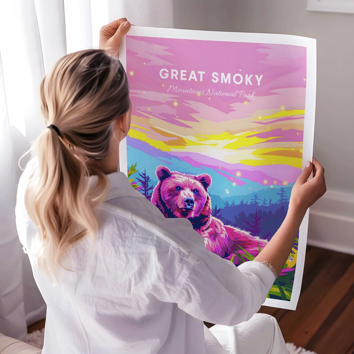 Great Smoky Mountains Bear in Pink Sunrise Meadow Travel Poster - Image 3