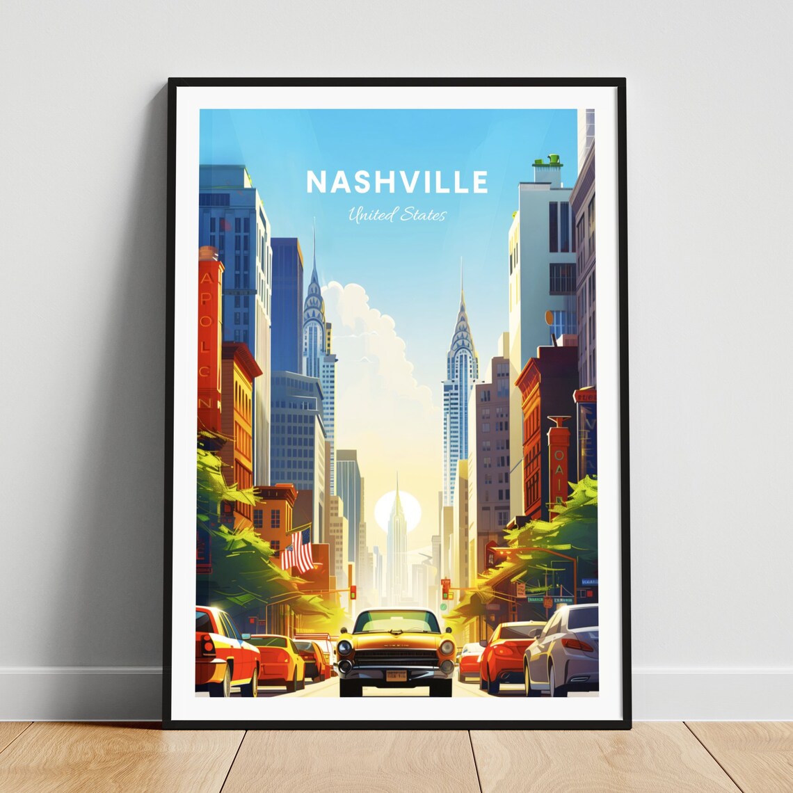 Nashville Tennessee City Skyline Vintage Cars Street Art Poster