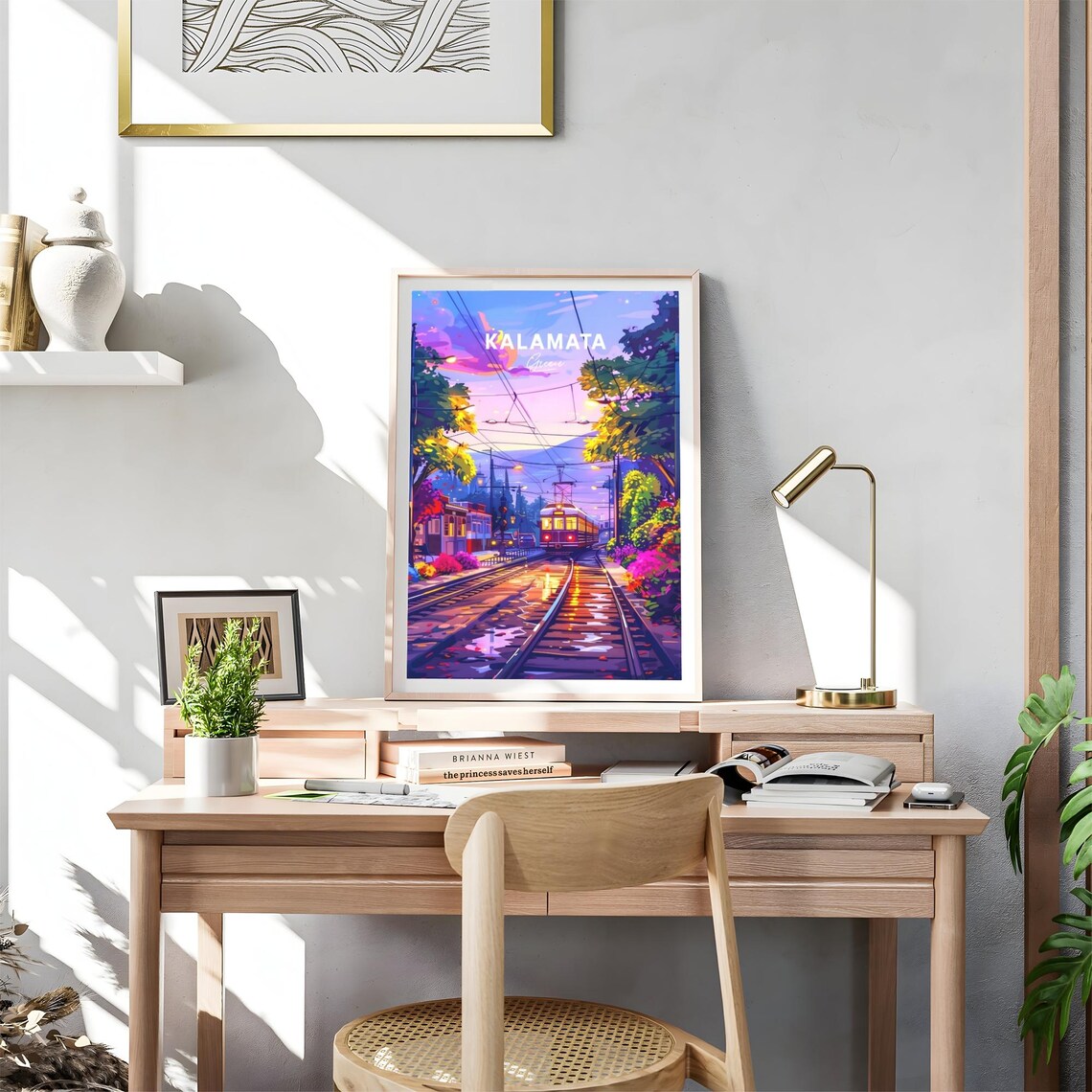 Kalamata Greece Tram Twilight Glowing Wet Tracks Travel Poster - Image 4