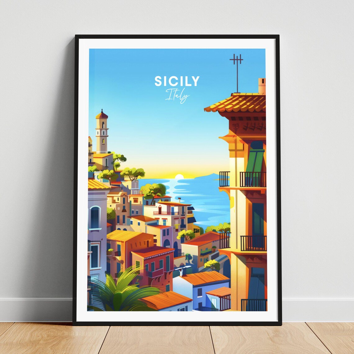 Sicily Italy Colorful Coastal Town Sunrise Bell Tower Travel Poster