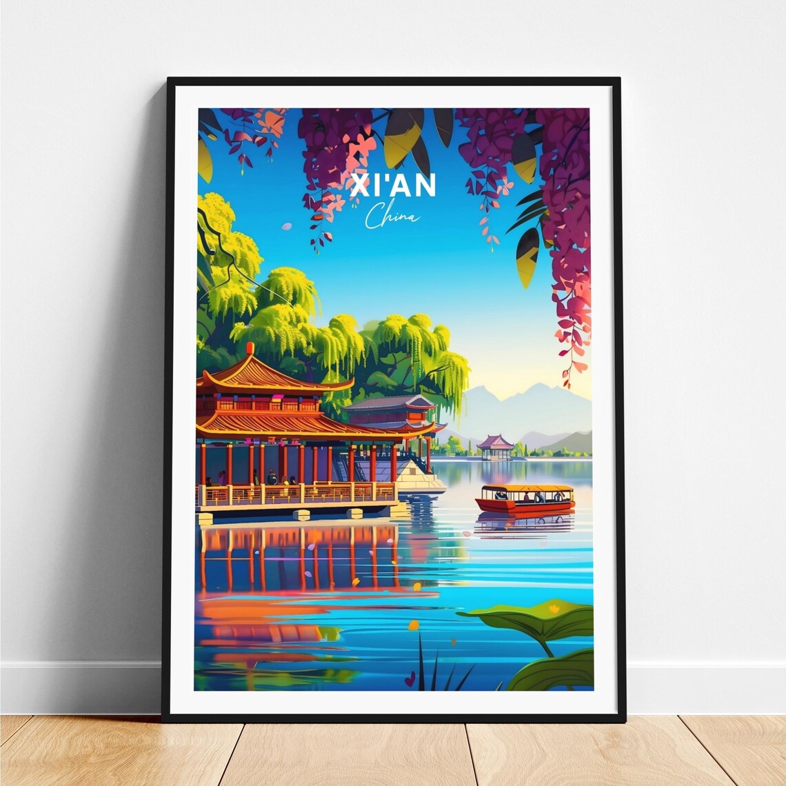 Xi'an China Serene Lakeside Pavilion Reflection Boat Scene Poster