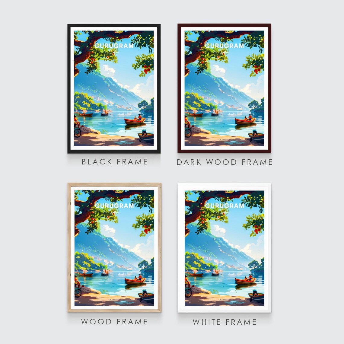 Gurugram India Serene Mountain Lake Boats Orchard View Travel Poster - Image 3