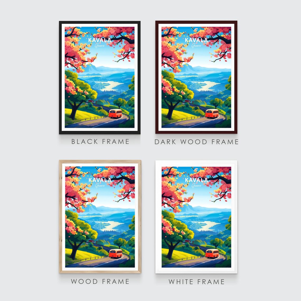 Kavala Greece Blossom Road Red Bus Scenic Mountain Travel Poster - Image 3