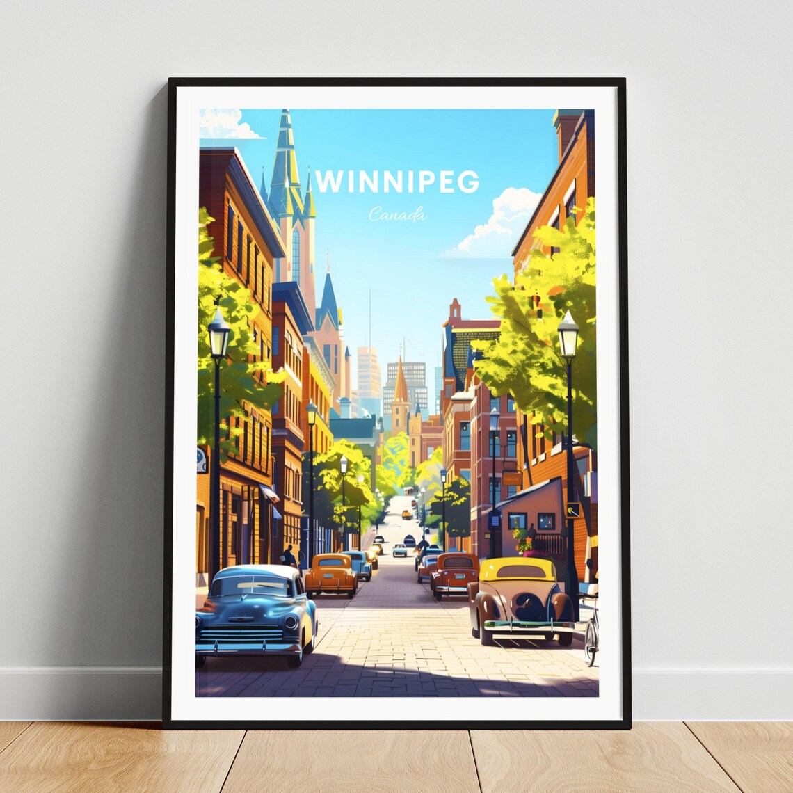 Winnipeg Canada Historic Cobblestone Street Vintage Cars Travel Poster