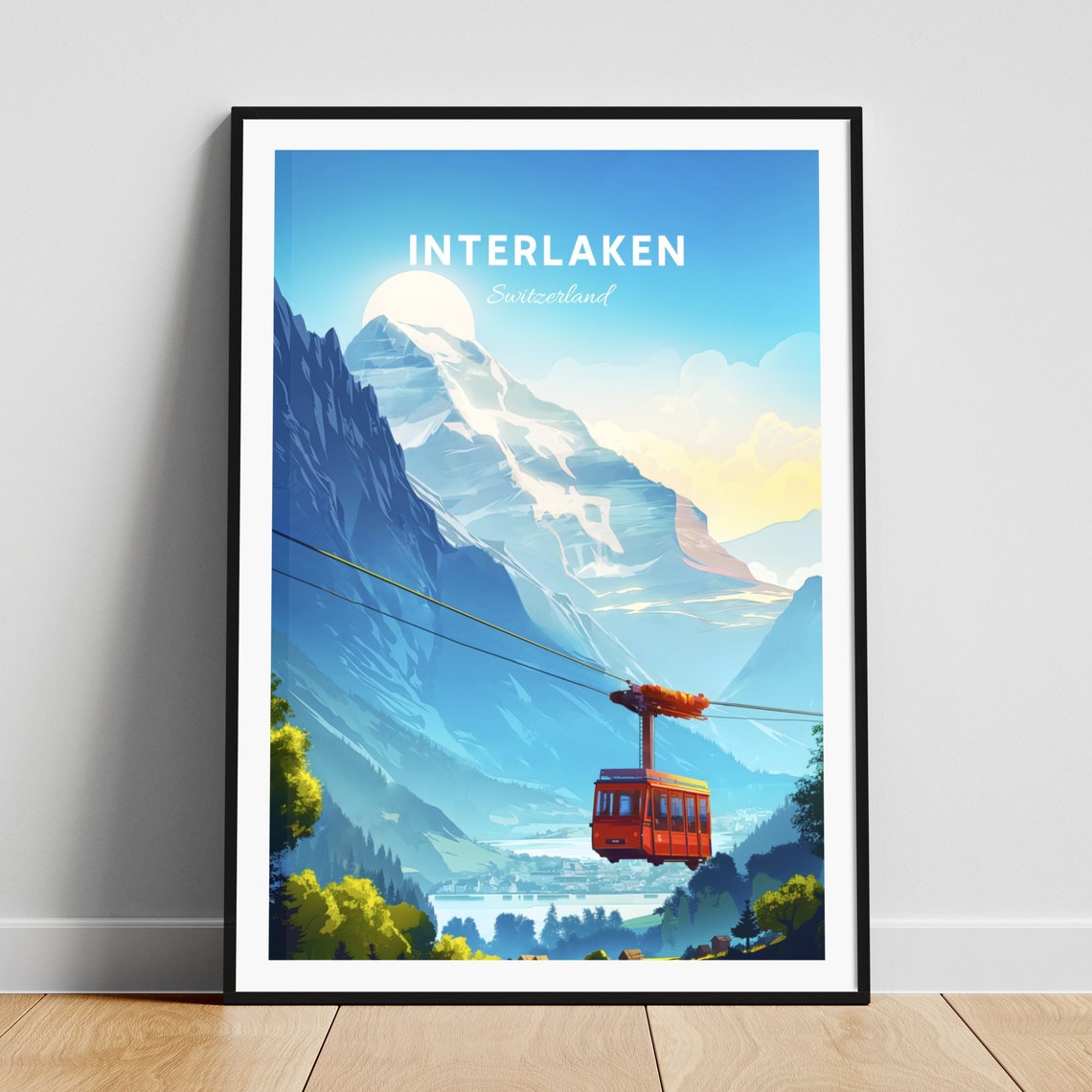 Interlaken Switzerland Cable Car Alpine Valley Peak Retro Poster