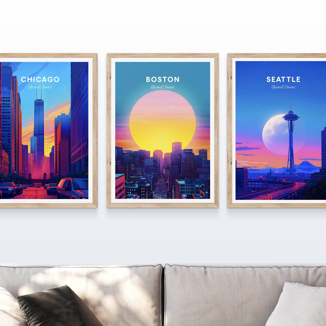 Boston Massachusetts Skyline Under Giant Sun Retro Travel Poster Art - Image 4