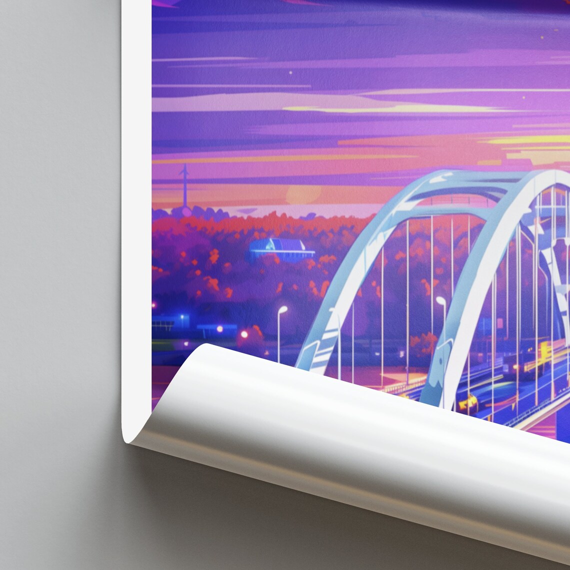Little Rock Arkansas Neon Sunset Arch Bridge River Travel Poster - Image 2