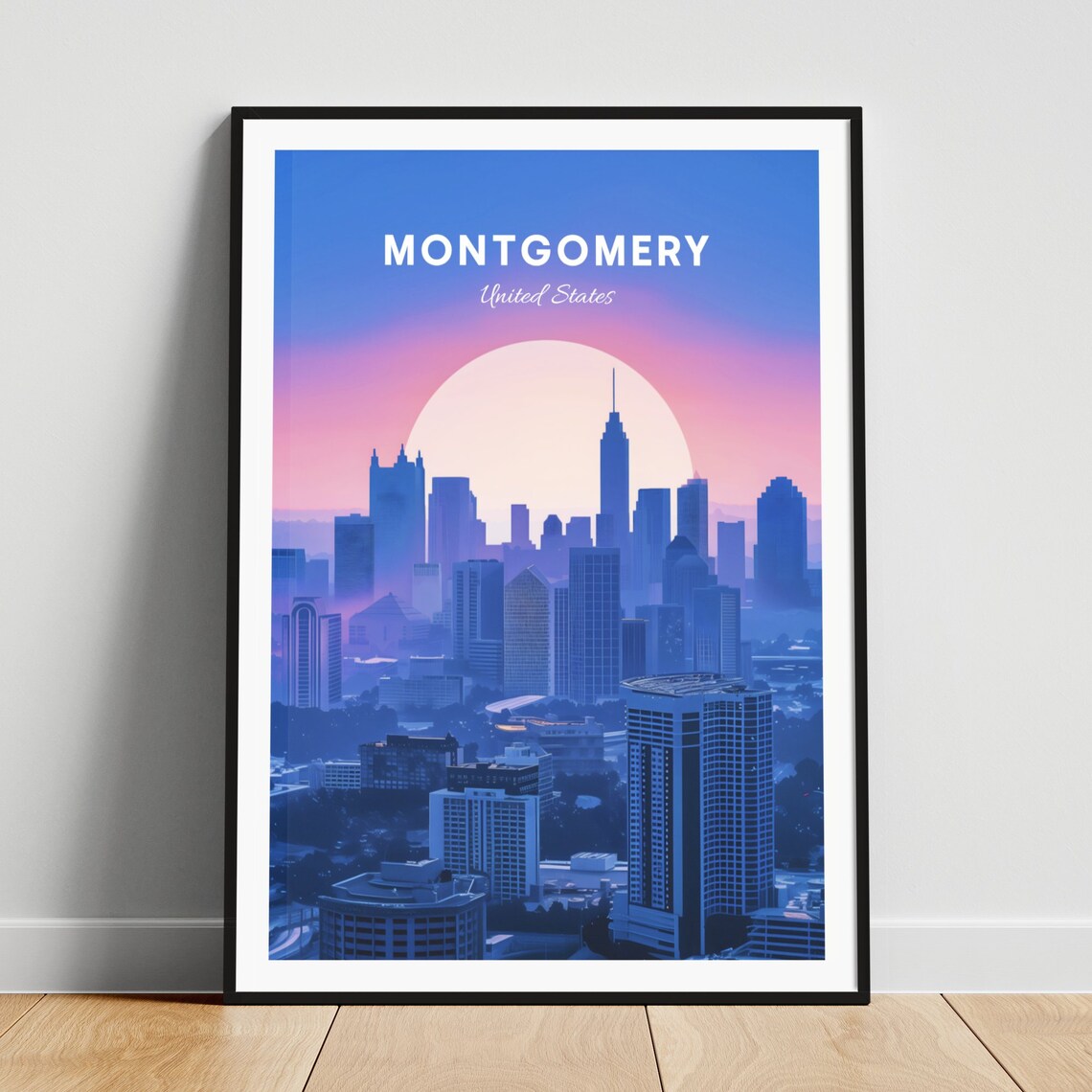 Montgomery Alabama Skyline Sunset Pink Sky City Travel Poster